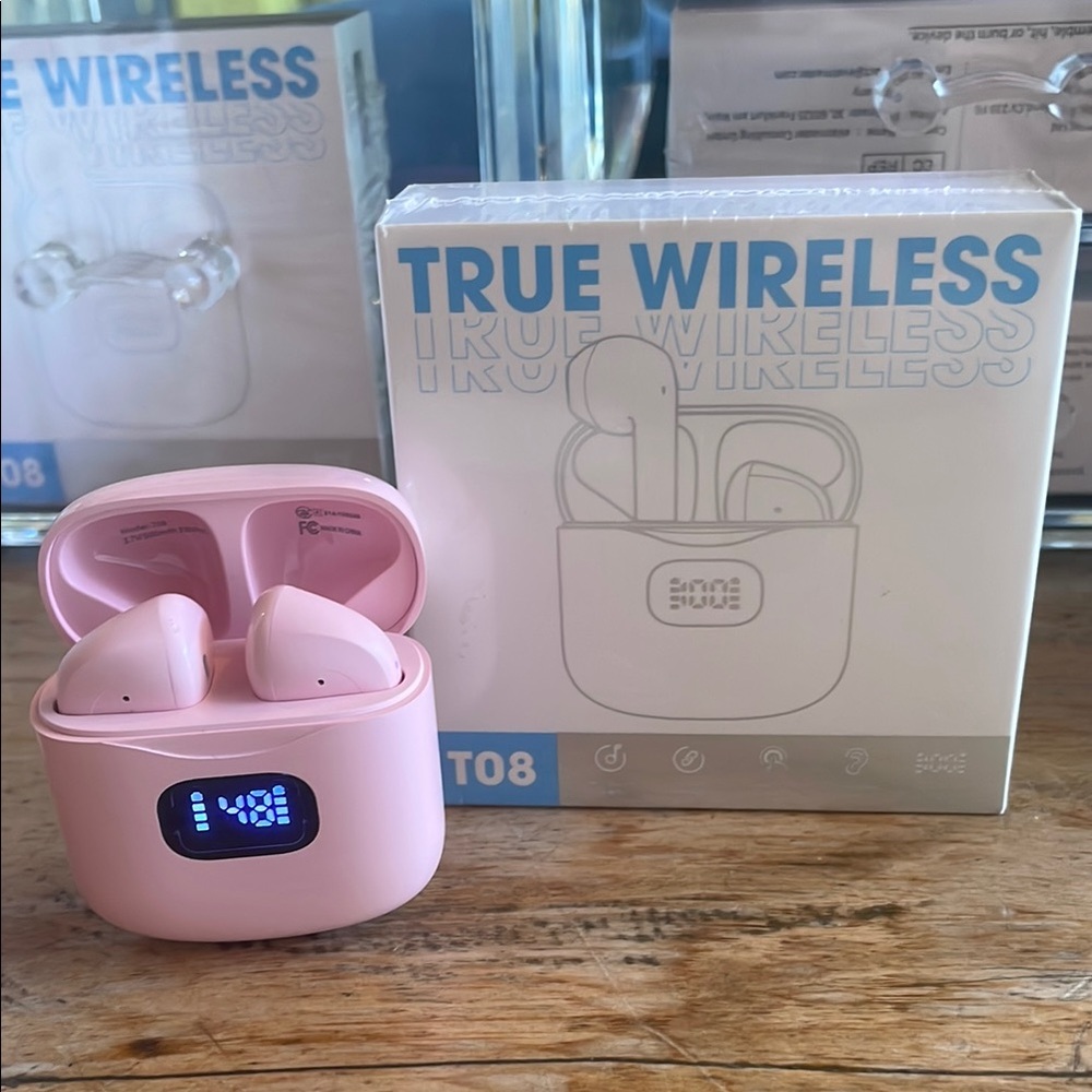 NEW unopened True Wireless T08 Wireless Headphones Earbuds - Pink Charging Case